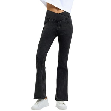 Xyxonk Women's Flare Jeans Crossover High Waisted Pull on Bell Bottom Jeans Fashion Soft Solid Color Yoga Pants with Pockets Dark Gray M