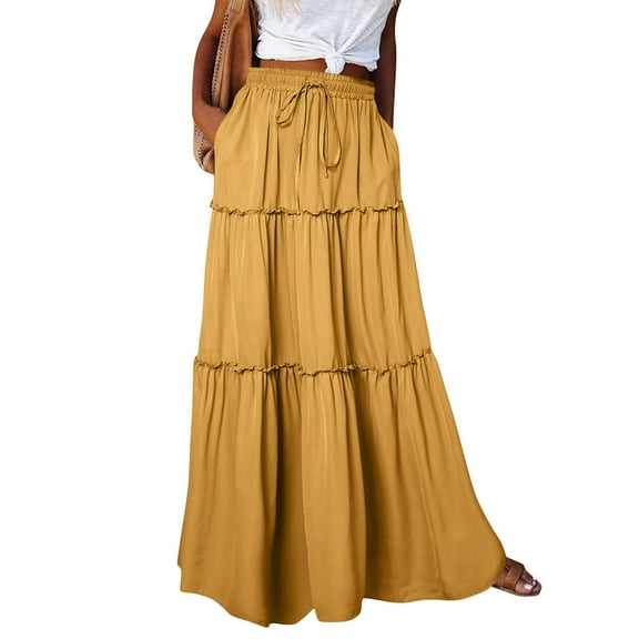 Xyxonk Women's Flowy Elastic Long Maxi Skirt High Waist Tie Bohemian Print Skirt 2025 Trendy Pleated Vocation Skirt with Pockets Yellow XL