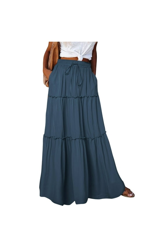 Women's Flowy Elastic Long Maxi Skirt High Waist Tie Paisley Print Skirts Casual Fashion Pleated Beach Dress with Pockets Blue 2XL