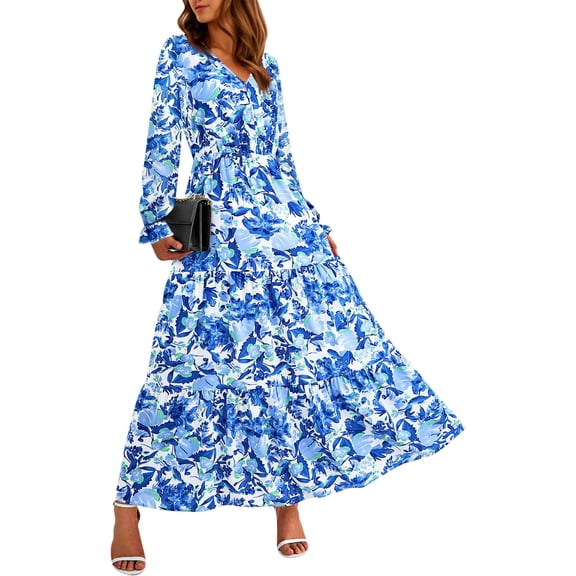Xyxonk Women's Formal Dresses Floral Print High Waist V Neck Wedding Guest Maxi Dress Boho Formal Plus Size Long Sleeve Fall Clothing Sky Blue L