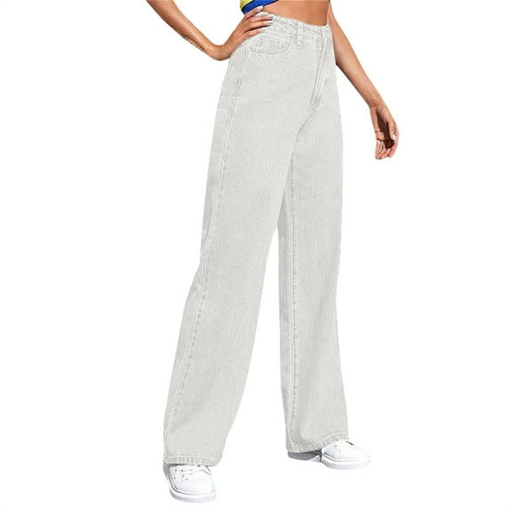Xyxonk Women's High Waisted Jeans Stretchy Wide Leg Casual Trouser Jeans Spring Fashion Straight Leg Denim Pants with Pockets White L