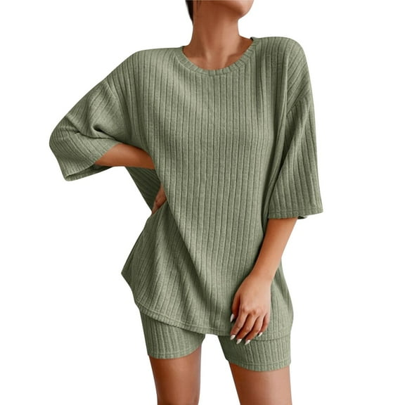 Xyxonk Women's Plus Size 2 Piece Tracksuit Outfits Sets Ribbed Knit Sets Short Sleeve Top Casual Shorts Set Loungewear Sets for Women Green M