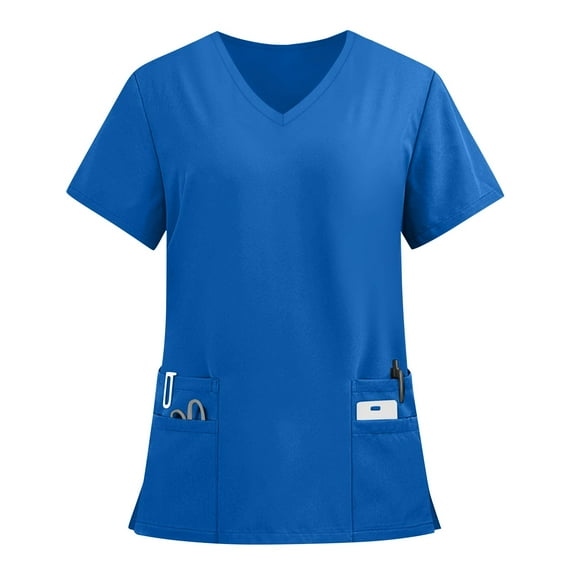 Xyxonk Women's Scrub Top V-Neck with 3 Pockets, 2-Way Stretch, and Yoga Knit Side Panels for Slim Fit, Blue 5XL