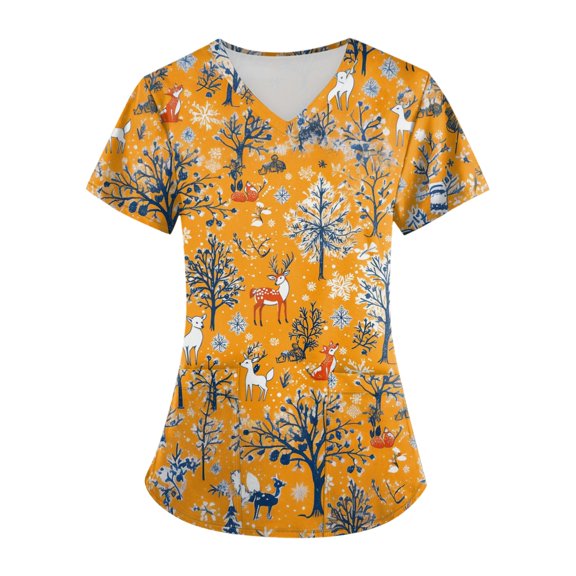 Xyxonk Women's Scrub Tops Cartoon Printed Plus Size V Neck Tops Fashion Short Sleeve Stretch Care Uniforms with Pockets Yellow L