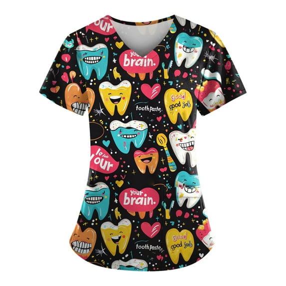 Xyxonk Women's Scrub Tops Plus Size Cartoon Printed V Neck Tops Comfortable Short Sleeve Stretch Uniforms with Pockets Brown 2XL