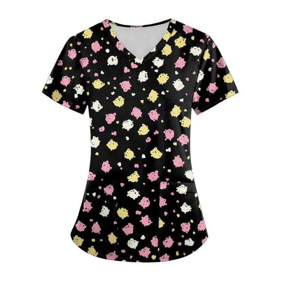 Xyxonk Women's Scrub Tops Plus Size Funny Printed V Neck Shirts Working Short Sleeve Stretch Nursing Uniforms with Pockets Navy 2XL