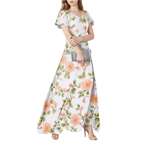 Xyxonk Women's Summer Casual Dresses Bobo Floral Printed Short Sleeve Dresses Elegant Flowy V Neck Vocation Long Maxi Dress White L
