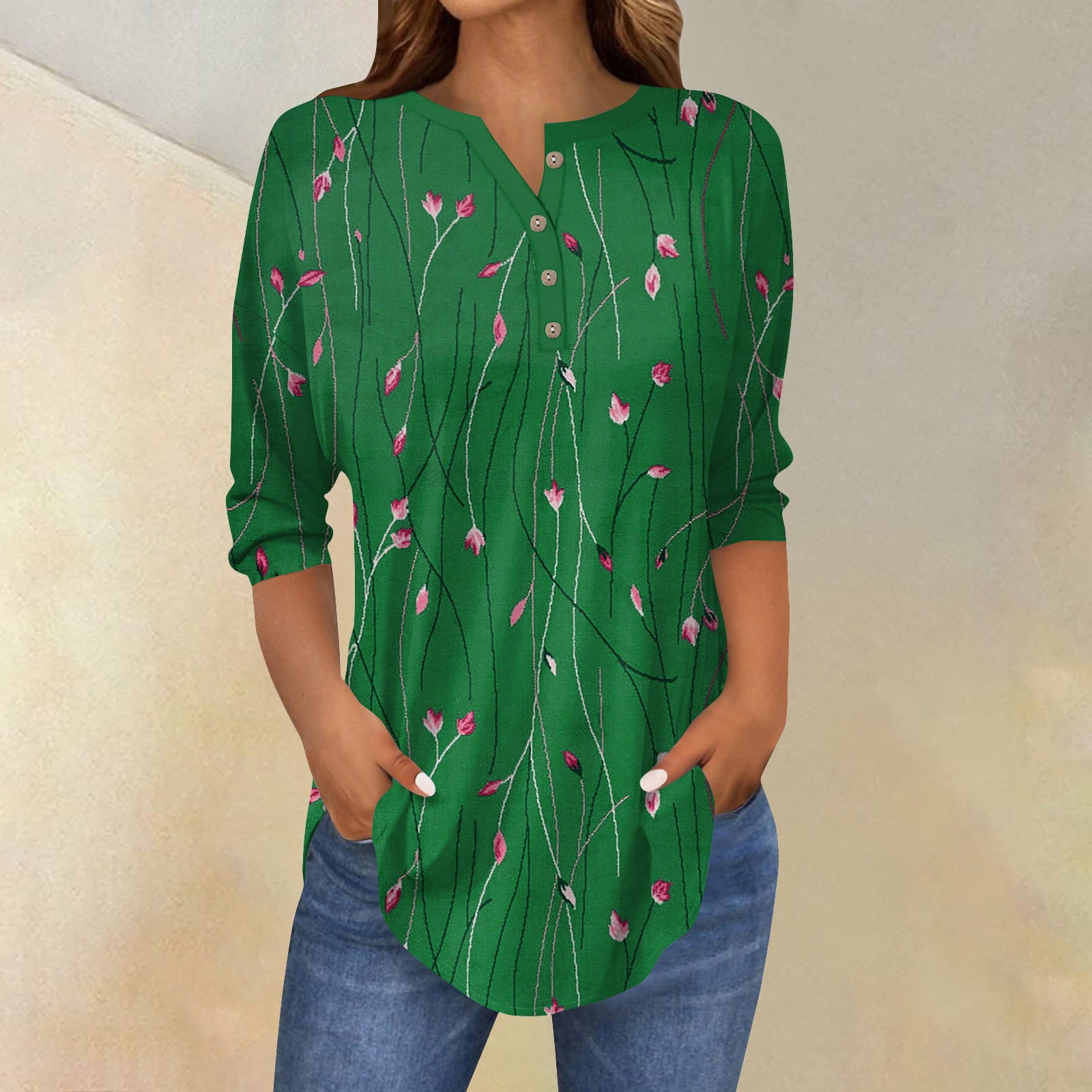 Women's 3/4 Sleeve Henley V-Neck Top - Floral Print Casual Blouse For Spring & Fall