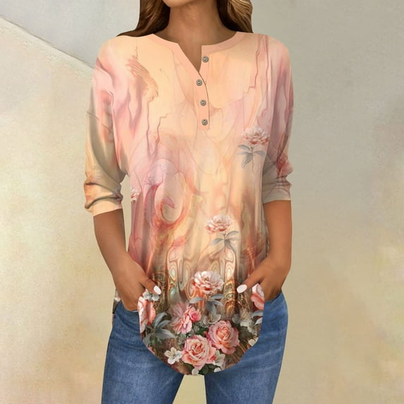 Xyxonk Women's Tops 3/4 Sleeve Casual Vintage Floral Printed Shirts Oversized V Neck Tunic Tops Summer Three Quarter Length T Shirt Clothing Women's Blouses Orange L