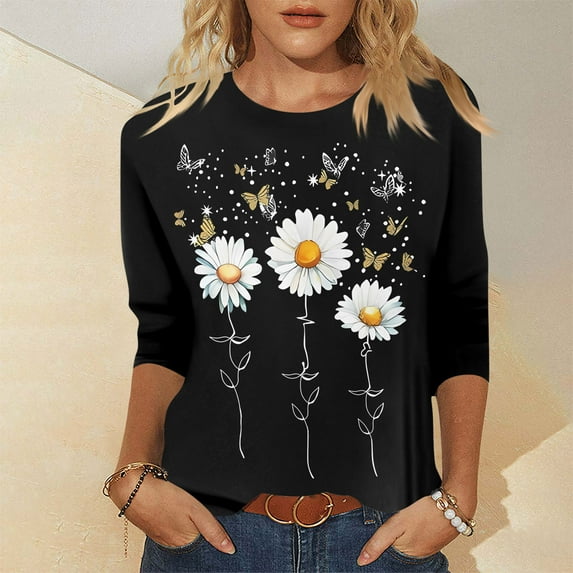 Xyxonk Women's Tops 3/4 Sleeve Casual Vintage Sunflower Printed Shirts Oversized Round Neck Tunic Top Summer Three Quarter Length T-Shirt Clothing Petite Tops for Women Black XL