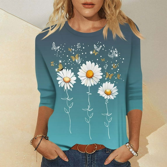 Xyxonk Women's Tops 3/4 Sleeve Fashion Vintage Sunflower Printed Shirt Loose Crew-Neck Tunic Top Summer Three Quarter Length T Shirt Clothing Ladies Tops and Blouses Cyan 2XL