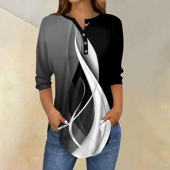 Xyxonk 3/4 Length Sleeve Womens Tops Casual Color Block Printed Shirts Oversized V-Neck Tunic Tops Summer Three Quarter Length T Shirt Clothes Ladies V Neck Tunic Tops Black M