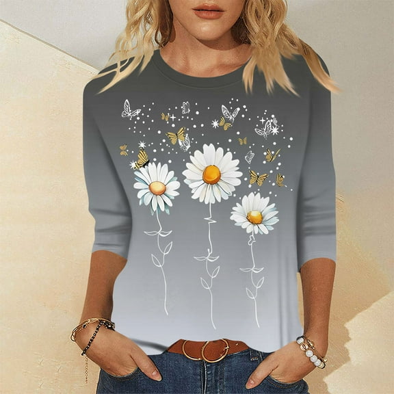 Xyxonk Women's Tops 3/4 Sleeve Trendy Vintage Sunflower Printed Shirt Oversized Crew Neck Tunic Tops Summer Three Quarter Length T Shirt Clothes Women's Blouses Gray 3XL