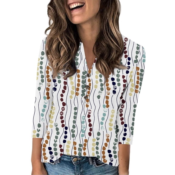 Xyxonk Women's Tops Plus Size 3/4 Length Long Sleeve Dressy Casual Shirts Fall V-neck Tops 2025 Fashion Retro Floral Print Button Down Blouses S-3XL