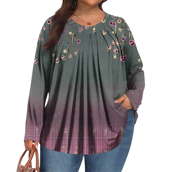 Xyxonk Women's Tops Plus Size Long Length Long Sleeve Loose Fit T Shirts Round Neck Pleated Vintage Floral Print Blouses Dressy Casual Winter Clothes Purple 1X-5X
