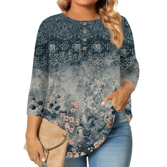 Xyxonk Women's Tops Plus Size Long Length Long Sleeve Shirts Pleated Crew Neck Loose Fit Blouses Fall Business Vintage Floral Print Clothes Blue 4XL