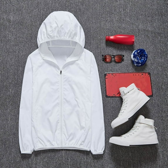 Xyxonk Women's UPF 50+ UV Protection Jacket Plus Size Long Sleeve Sun Protection Shirts Full Zip Light Jacket with Hood Packable Solid Color Sports Jacket White XXL