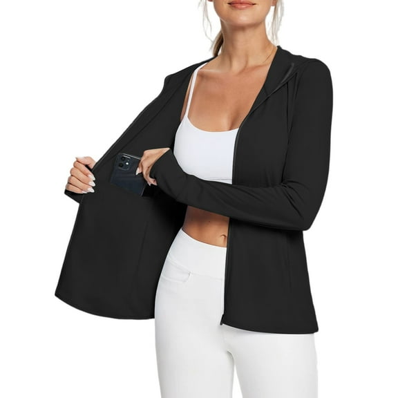 Xyxonk Women's Upf 50  Sun Athletic Protection Jackets Long Sleeve Full Zip Tops Workout Solid Color Hiking Outdoor Pockets Black XL