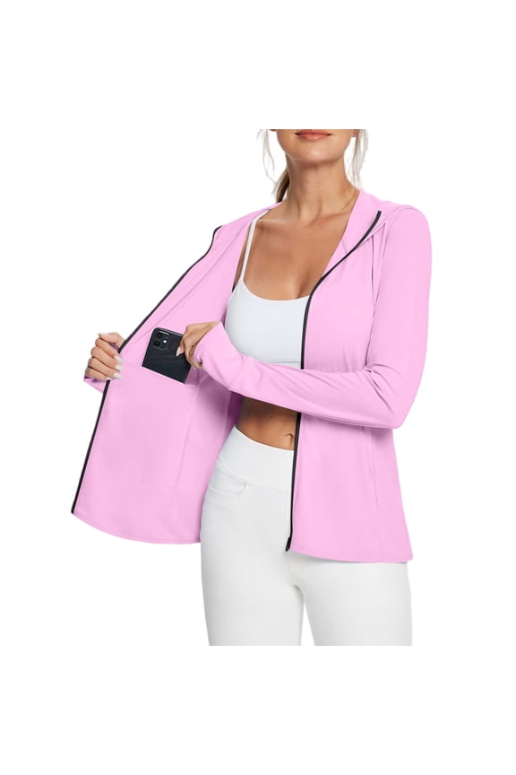 Women's Upf 50+ Sun Protection Jacket Long Sleeve Full Zip Tops Summer Solid Color Sun Shirt for Hiking Outdoor Pink M
