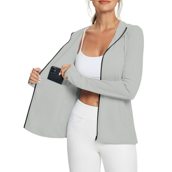 Xyxonk Women's Upf 50+ Sun Protection Jacket Long Sleeve Full Zip Tops Workout Solid Color Sun Shirt for Hiking Outdoor Light Gray S