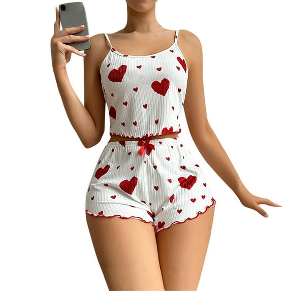 Xyxonk Womens 2 Piece Graphic Pajama Set Heart Print Bow Front Cami Crop Tops and Shorts Set Sexy Spaghetti Strap Ribbed Lounge Sets Red S