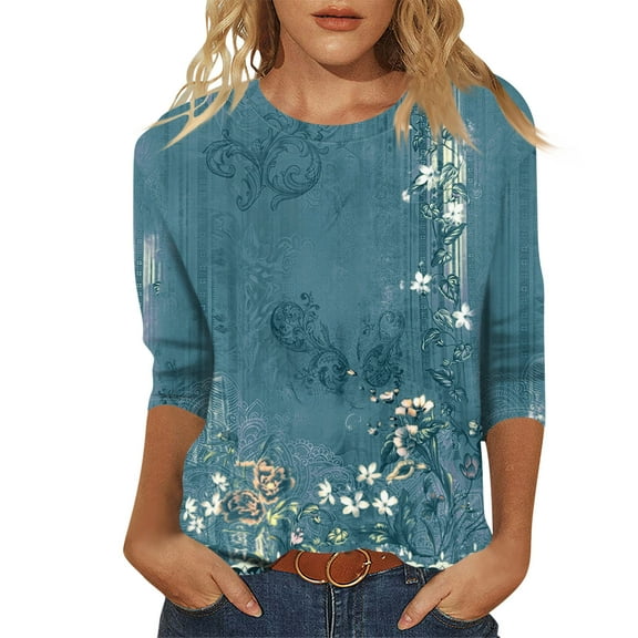 Xyxonk Womens 3/4 Sleeve Tops Trendy Vintage Floral Printed Shirts Loose Crew Neck Tunic Tops Summer Three Quarter Length T-Shirts Clothing Cute Clothes,Turquoise