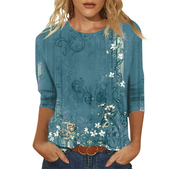 Xyxonk Womens 3/4 Sleeve Tops Trendy Vintage Floral Printed Shirts Loose Crew Neck Tunic Tops Summer Three Quarter Length T-Shirts Clothing Cute Clothes,Turquoise