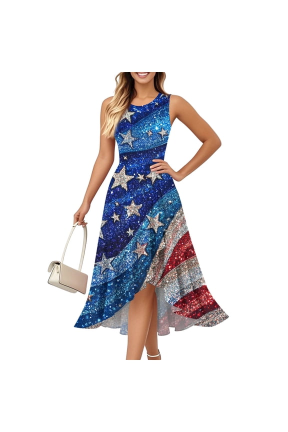 Womens American Flag Dress Sleeveless Ruffled 4th Of July Flag Tank Sundress Trendy Crew Neck Independence Day Short Dress Blue L