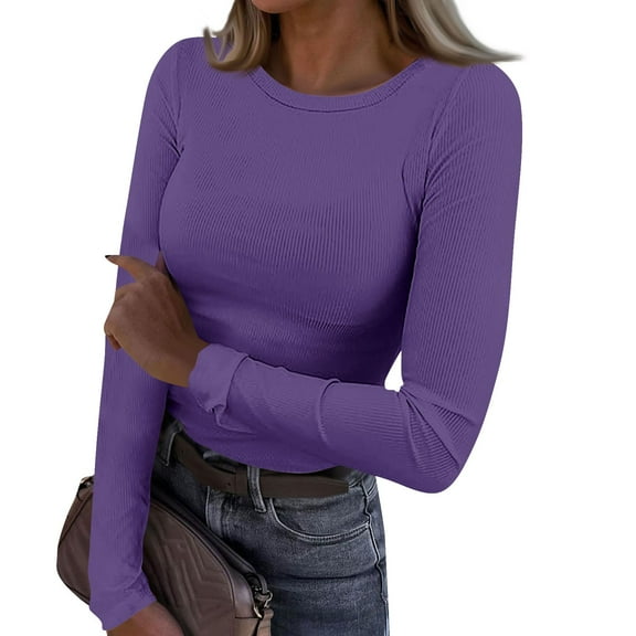 Xyxonk Womens Basic T Shirts Long Sleeve Fall Tops 2025 Crewneck Blouse Ribbed Knit Slim Fit Basic Clothing,Purple L
