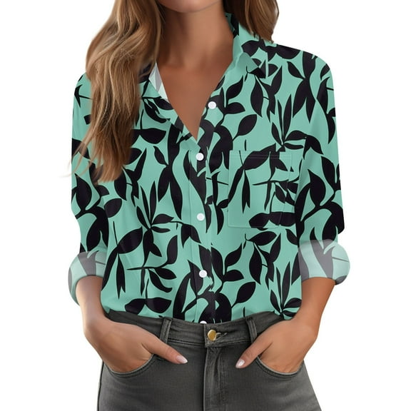 Xyxonk Womens Button Down Shirt Long Sleeve 2025 V Neck Pleated Shirts Dressy Casual Button Up Tees with Pockets Loose Fit Fall Trendy Floral Print Clothing Dark Green XL