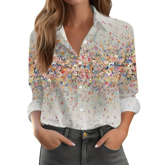 Xyxonk Womens Button Down Shirt Long Sleeve Pleated V Neck Summer Blouses Dressy Casual Button Up Top With Pocketss Trendy Floral Print Henley Shirt Light Gray XL