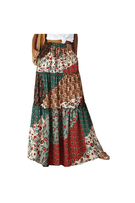 Womens Casual Elastic Long Maxi Skirts Bohemian Print High Waist Tie Skirt Bohemian Pleated Beach Dress with Pockets Red L