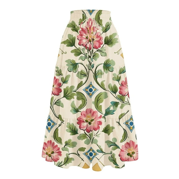 Xyxonk Womens Casual Elastic Midi Skirts High Waist Vintage Printed Skirt Spring Summer Drawstring Pleated A-Line Flowy Skirts Light Green L