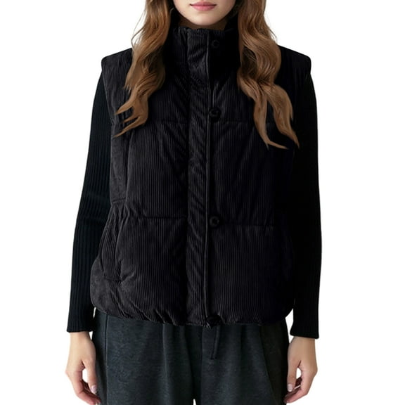 Xyxonk Womens Corduroy Puffer Vest Stand Collar Zip Snap Button Sleeveless Warm Waistcoat Padded Gilet,Black XL