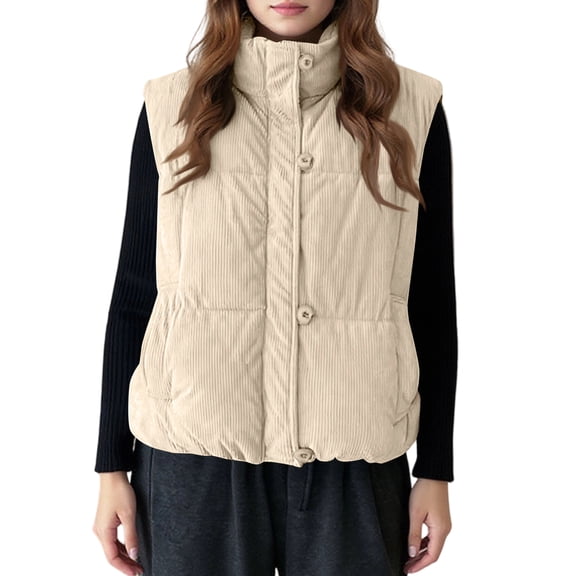 Xyxonk Womens Corduroy Puffer Vest Stand Collar Zip Snap Button Sleeveless Warm Waistcoat Padded Gilet,White M