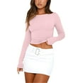 thumbnail image 1 of Xyxonk Womens Crop Tops Stretchy Ribbed Long Sleeve Shirt Basic Boat Neck Double Lined Trendy Summer Clothes Pink S, 1 of 4