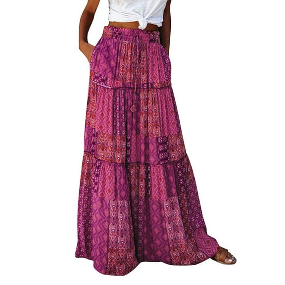 Xyxonk Womens Elastic Long Skirt Bohemian Print High Waist Tie Skirts Spring Summer Pleated Vocation Skirt with Pockets Purple L