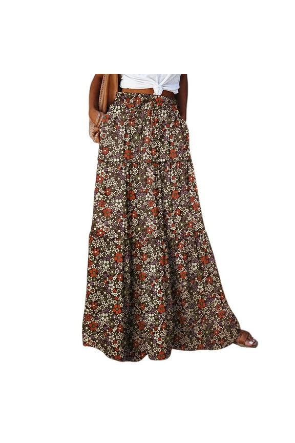 Womens Elastic Long Skirt High Waist Tie Bohemian Print Skirt Summer Trendy Pleated Vocation Skirt with Pockets Brown S