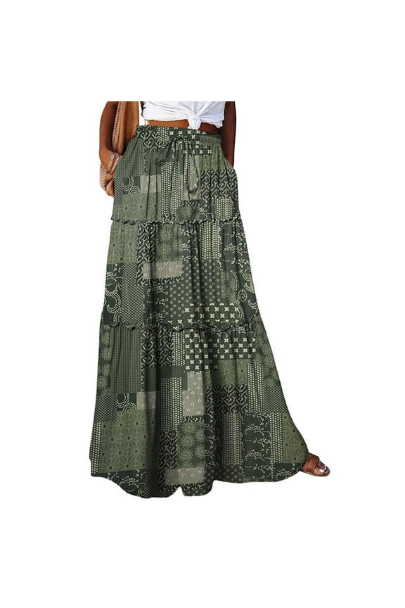 Womens Elastic Long Skirt High Waist Tie Bohemian Print Skirts Casual Fashion Pleated Long Skirts with Pockets Army Green 2XL