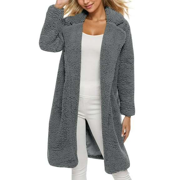 Xyxonk Womens Fuzzy Fleece Jacket Sherpa Trench Coat Lapel Collar Open Front Jacket Winter Plus Size Long Sleeve Outwear,Dark Gray S