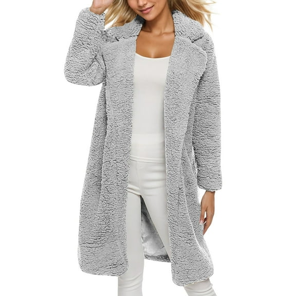 Xyxonk Womens Fuzzy Fleece Jacket Sherpa Trench Coat Lapel Collar Open Front Jackets Fall Winter Plus Size Long Sleeve Outwear,Light Gray S