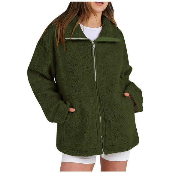 Xyxonk Womens Fuzzy Fleece Jackets Winter Long Sleeves Zipper Thickened Coats 2025 Fashion Jackets with Pocket Stand Collar Outwear,Army Green L