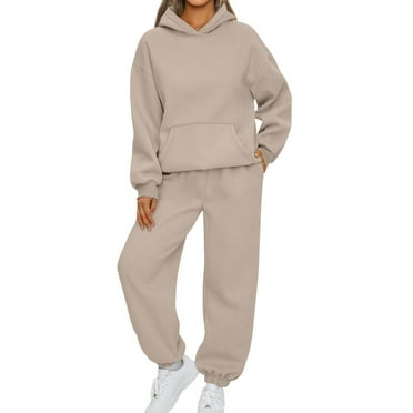 Xyxonk Womens Hoodie Long Sleeve Lightweight 2 Piece Hoodies Solid Color Two Piece Sweatshirt with Pockets Basic Outfit Sets Beige S