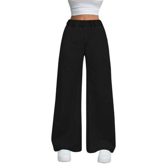 Xyxonk Womens Jeans High Elastic Waisted Wide Leg Lounge Pants Spring Fashion Stretchy Trousers with Pocket 2025 Dressy Lounge Pants，Black M