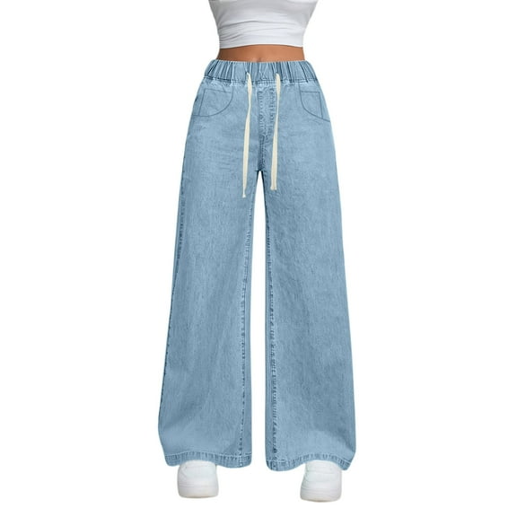 Xyxonk Womens Jeans High Waisted Wide Leg Lounge Pants Fall Winter Comfy Stretchy Trouser with Pockets 2025 Fashion Pants，Light Blue M