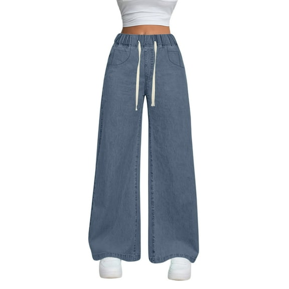 Xyxonk Womens Jeans High Waisted Wide Leg Lounge Pants Spring Dressy Straight Trousers with Pockets 2025 Plus Size Long Pant,Dark Blue M