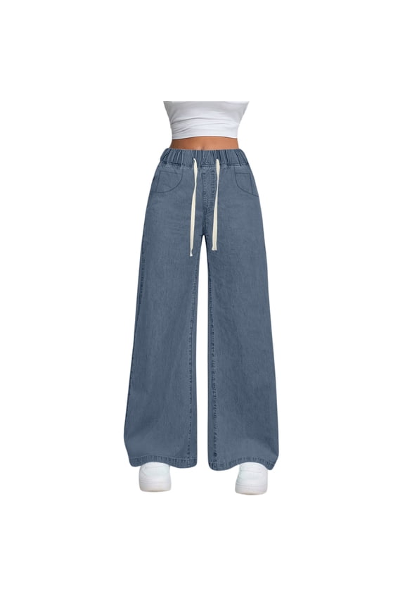 Womens Jeans High Waisted Wide Leg Lounge Pants Spring Dressy Straight Trousers with Pockets 2025 Plus Size Long Pant,Dark Blue M