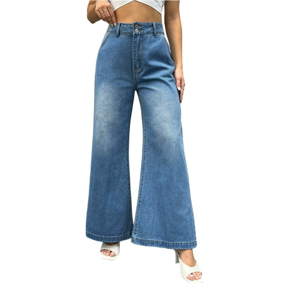 Xyxonk Womens Jeans High Waisted Wide Leg Lounge Pants Winter Trendy Straight Trousers with Pocket 2025 Comfy Pants，Blue 2XL