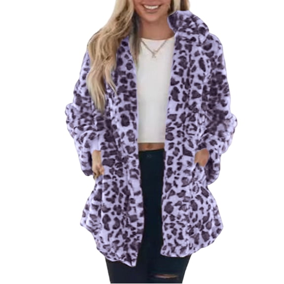 Xyxonk Womens Leopard Print Fleece Coat Faux Fur Long Sleeve Winter Thickened Coats Double-Sided Velvet Stand Collar Jackets with Pockets Casual Plush Zipper Outwear,Purple XL