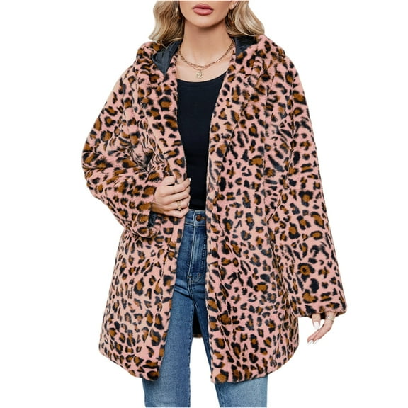 Xyxonk Womens Long Faux Fur Coats Leopard Fuzzy Fleece Jackets Open Front Long Sleeve Fluffy Cardigan Fall Trendy Lapel Collar Furry Trench Coat with Pockets,Pink S